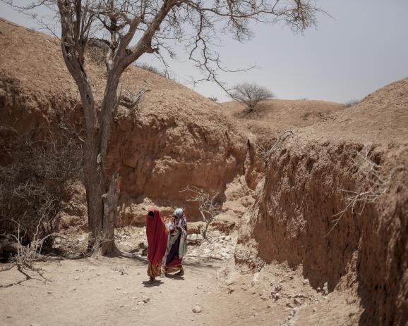 Amina Said, 28, and Fatdua Jama, 34, go look for water in Adad's dry riverbed, Karasharka (rock-pit) camp, Somaliland. Like 59 000 other pastors from the Sanaag and Sool regions, they have been forced into internal displac