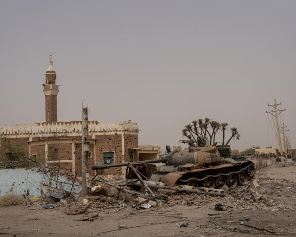 What could be a T54-T55 Soviet battle tank lies after battle next to a mosque in the Coptic neighbourhood, where fighting happened in the early days of this war, in Omdurman, Sudan, on June 9, 2024. 